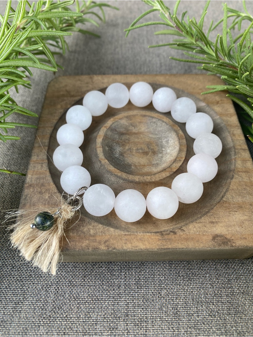 Chunky Pale Pink Quartz Beaded Stretch Bracelet with Jute Tassel